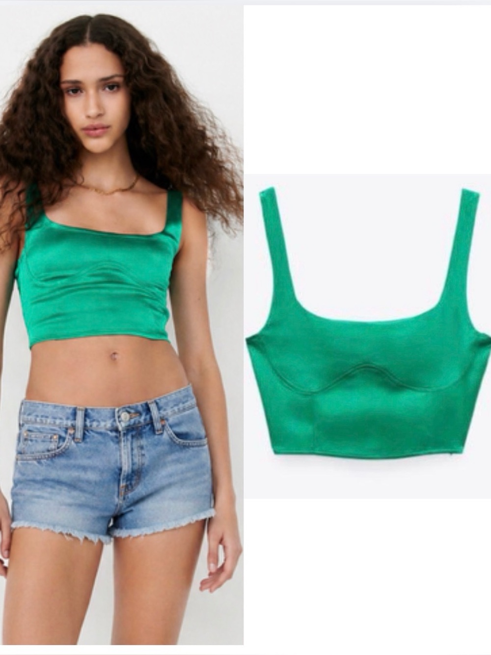 ZARA NWT Green Satin Crop Top Bustier Square Neck Fitted Y2K Tank M emerald